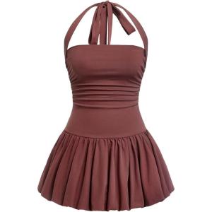 imageSOLY HUX Womens Bubble Mini Dress Halter Backless Ruched Y2K Club Party Short Sundress with Builtin ShortsSolid Coffee Brown