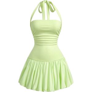 imageSOLY HUX Womens Bubble Mini Dress Halter Backless Ruched Y2K Club Party Short Sundress with Builtin ShortsSolid Mint Green