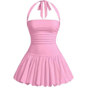 imageSOLY HUX Womens Bubble Mini Dress Halter Backless Ruched Y2K Club Party Short Sundress with Builtin ShortsSolid Pink