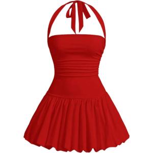 imageSOLY HUX Womens Bubble Mini Dress Halter Backless Ruched Y2K Club Party Short Sundress with Builtin ShortsSolid Red