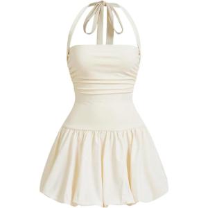 imageSOLY HUX Womens Bubble Mini Dress Halter Backless Ruched Y2K Club Party Short Sundress with Builtin ShortsSolid Yellow