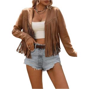imageSOLY HUX Womens Faux Suede Fringe Trim Long Sleeve Open Front Cardigan Jacket Western Concert OutfitsPure Khaki