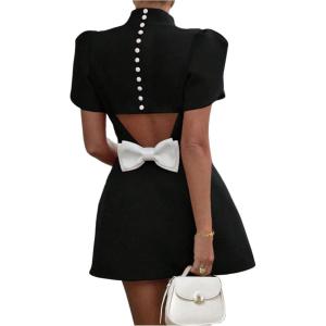 imageSOLY HUX Womens Mini Dress Cut Out Bow Mock Neck Puff Short Sleeve A Line Party DressesSolid Black