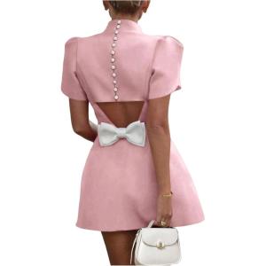 imageSOLY HUX Womens Mini Dress Cut Out Bow Mock Neck Puff Short Sleeve A Line Party DressesSolid Pink