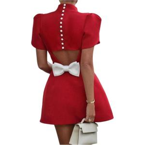 imageSOLY HUX Womens Mini Dress Cut Out Bow Mock Neck Puff Short Sleeve A Line Party DressesSolid Red