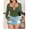 imageSOLY HUX Plus Size Tops for Women Long Sleeve Sexy Going Out Tops V Neck Criss Cross T Shirts BlousePlain Green