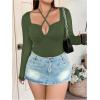 imageSOLY HUX Plus Size Tops for Women Long Sleeve Sexy Going Out Tops V Neck Criss Cross T Shirts BlousePlain Green