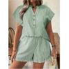 imageSOLY HUX Womens Plus Size 2 Piece Outfits Striped Short Sleeve Blouse Tops and Ruffle Hem Shorts SetsDark Green Striped
