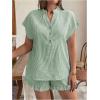 imageSOLY HUX Womens Plus Size 2 Piece Outfits Striped Short Sleeve Blouse Tops and Ruffle Hem Shorts SetsDark Green Striped