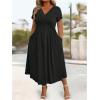 imageSOLY HUX Womens Plus Size Dress Short Sleeve V Neck Criss Cross Wrap A Line Flowy Long Summer Dresses with PocketsPure Black