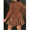 imageSOLY HUX Womens Plus Size Long Sleeve Ruffle Mini Dress PU Leather Cocktail Party DressesPure Brown