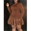 imageSOLY HUX Womens Plus Size Long Sleeve Ruffle Mini Dress PU Leather Cocktail Party DressesPure Brown