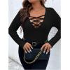 imageSOLY HUX Womens Plus Size Long Sleeve Shirt Deep V Neck Criss Cross Tops Ribbed Slim Fit Tee ShirtsPure Black