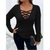 imageSOLY HUX Womens Plus Size Long Sleeve Shirt Deep V Neck Criss Cross Tops Ribbed Slim Fit Tee ShirtsPure Black