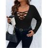 imageSOLY HUX Womens Plus Size Long Sleeve Shirt Deep V Neck Criss Cross Tops Ribbed Slim Fit Tee ShirtsPure Black