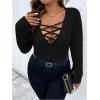 imageSOLY HUX Womens Plus Size Long Sleeve Shirt Deep V Neck Criss Cross Tops Ribbed Slim Fit Tee ShirtsPure Black