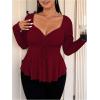 imageSOLY HUX Womens Plus Size Peplum Tops Long Sleeve T Shirts Casual Sexy Ruched Sweetheart Neck Ruffle Hem TeesSolid Burgundy