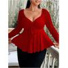 imageSOLY HUX Womens Plus Size Peplum Tops Long Sleeve T Shirts Casual Sexy Ruched Sweetheart Neck Ruffle Hem TeesSolid Red