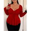imageSOLY HUX Womens Plus Size Peplum Tops Long Sleeve T Shirts Casual Sexy Ruched Sweetheart Neck Ruffle Hem TeesSolid Red