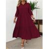 imageSOLY HUX Womens Plus Size Shirt Dress Half Button Collar 34 Sleeve Ruffle Hem Loose Long DressesPure Burgundy