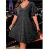 imageSOLY HUX Womens Plus Size Sparkly Sequin Dress V Neck Petal Short Sleeve Loose Party Short DressesPure Black