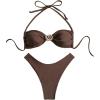 imageSOLY HUX Womens 2 Piece Bikini Set Metal Decor Halter Swimsuit Tie Back High Cut Bathing SuitSolid Coffee Brown