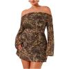 imageSOLY HUX Womens Plus Size Off The Shoulder Tie Dye Mini Dress Flared Long Sleeve Bodycon Party DressBrown Leopard