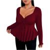 imageSOLY HUX Womens Plus Size Peplum Tops Long Sleeve T Shirts Casual Sexy Ruched Sweetheart Neck Ruffle Hem TeesSolid Burgundy