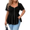 imageSOLY HUX Womens Plus Size Zip Up Shirts Sweetheart Neck Short Sleeve Ruffle Tops Casual Flowy BlousePlain Black