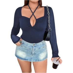 imageSOLY HUX Plus Size Tops for Women Long Sleeve Sexy Going Out Tops V Neck Criss Cross T Shirts BlouseDark Blue