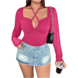 imageSOLY HUX Plus Size Tops for Women Long Sleeve Sexy Going Out Tops V Neck Criss Cross T Shirts BlouseHot Pink
