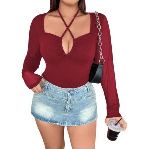 imageSOLY HUX Plus Size Tops for Women Long Sleeve Sexy Going Out Tops V Neck Criss Cross T Shirts BlousePlain Burgundy