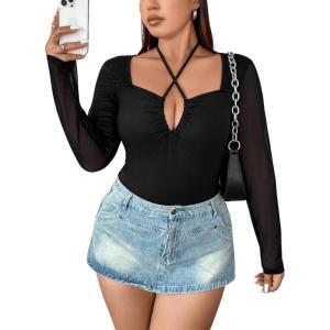 imageSOLY HUX Plus Size Tops for Women Long Sleeve Sexy Going Out Tops V Neck Criss Cross T Shirts BlouseSolid Black