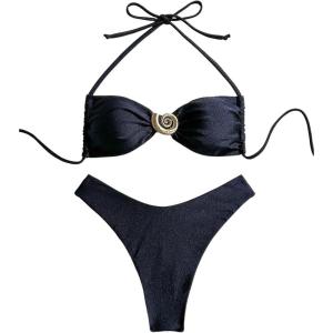 imageSOLY HUX Womens 2 Piece Bikini Set Metal Decor Halter Swimsuit Tie Back High Cut Bathing SuitBlack