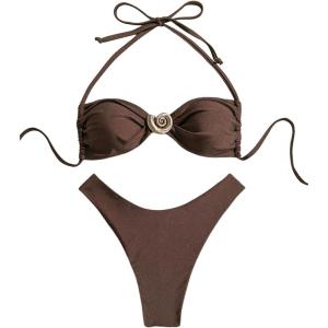 imageSOLY HUX Womens 2 Piece Bikini Set Metal Decor Halter Swimsuit Tie Back High Cut Bathing SuitSolid Coffee Brown
