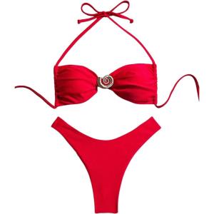 imageSOLY HUX Womens 2 Piece Bikini Set Metal Decor Halter Swimsuit Tie Back High Cut Bathing SuitSolid Red