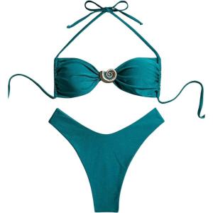 imageSOLY HUX Womens 2 Piece Bikini Set Metal Decor Halter Swimsuit Tie Back High Cut Bathing SuitSolid Teal Blue