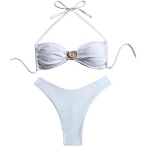 imageSOLY HUX Womens 2 Piece Bikini Set Metal Decor Halter Swimsuit Tie Back High Cut Bathing SuitSolid White