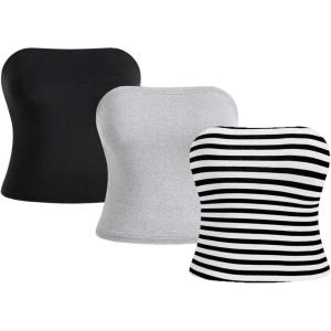 imageSOLY HUX Womens 3 Piece Plus Size Tube Crop Top Strapless Sleeveless Bandeau TopsMulticoloured Striped
