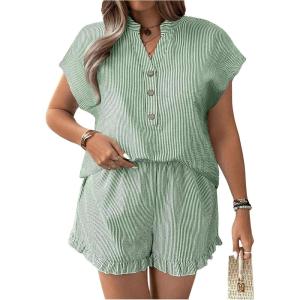 imageSOLY HUX Womens Plus Size 2 Piece Outfits Striped Short Sleeve Blouse Tops and Ruffle Hem Shorts SetsDark Green Striped