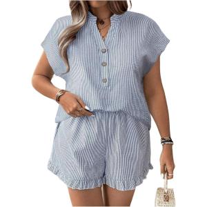 imageSOLY HUX Womens Plus Size 2 Piece Outfits Striped Short Sleeve Blouse Tops and Ruffle Hem Shorts SetsDark Grey Striped