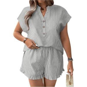 imageSOLY HUX Womens Plus Size 2 Piece Outfits Striped Short Sleeve Blouse Tops and Ruffle Hem Shorts SetsGrey Striped