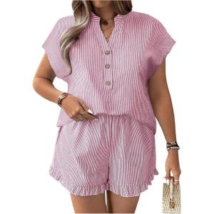 imageSOLY HUX Womens Plus Size 2 Piece Outfits Striped Short Sleeve Blouse Tops and Ruffle Hem Shorts SetsRed Striped