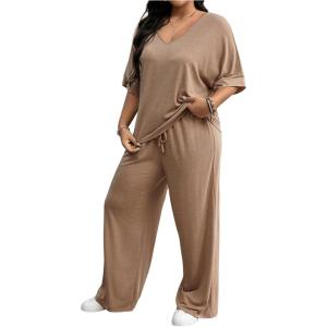 imageSOLY HUX Womens Plus Size 2 Piece Outfits V Neck Half Sleeve Tee Tops and Pants Summer SetPlain Khaki
