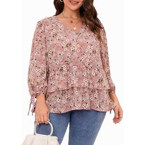 imageSOLY HUX Womens Plus Size Blouse Floral Print V Neck 34 Sleeve Layered Ruffle Hem Blouses TopsDusty Pink