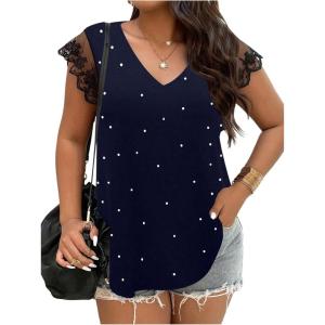 imageSOLY HUX Womens Plus Size Blouse Lace Mesh Cap Sleeve Shirts Pearl V Neck Summer Shirt TopsDark Blue