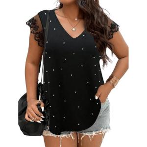 imageSOLY HUX Womens Plus Size Blouse Lace Mesh Cap Sleeve Shirts Pearl V Neck Summer Shirt TopsSolid Black