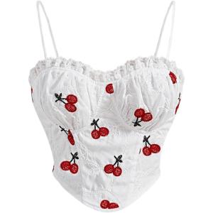 imageSOLY HUX Womens Plus Size Cherry Embroidery Frill Cami Crop Tops Asymmetrical Hem Bustier TopRed and White Cherry