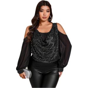 imageSOLY HUX Womens Plus Size Cold Shoulder Blouse Floral Mesh Long Sleeve Shirts Elegant TopsBlack Glitter