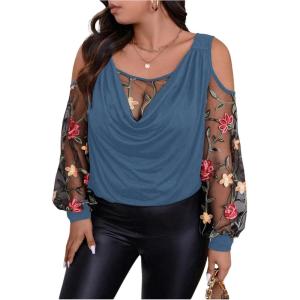 imageSOLY HUX Womens Plus Size Cold Shoulder Blouse Floral Mesh Long Sleeve Shirts Elegant TopsBlue Floral